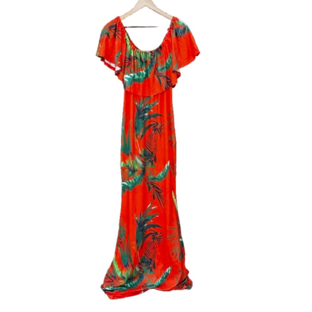 Floral Maxi Dress Womens 1X Orange Off Shoulder Ruffle Tropical Resortwear